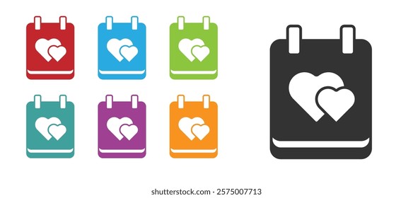 Black Calendar with heart icon isolated on white background. Valentines day. Love symbol. February 14. Set icons colorful. Vector