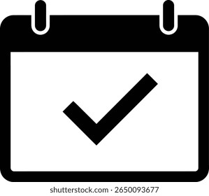 Black calendar icon with a check mark indicating a completed task or scheduled event, isolated on white background.
