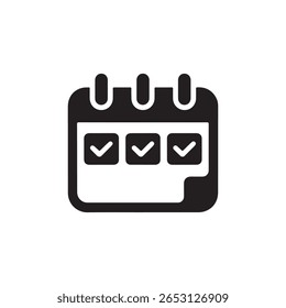 Ícone preto do calendário com marcas de seleção exibidas em cada dia do calendário, simbolizando a conclusão dos eventos programados, mostrados em um fundo branco limpo.
