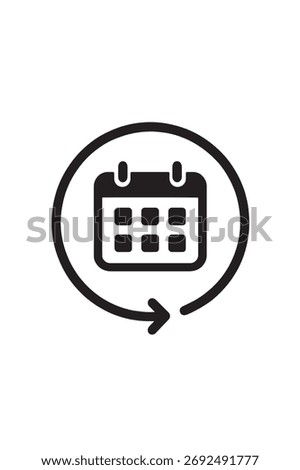 Black calendar icon with circular arrow on white background symbol schedule