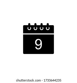 Black calendar icon - day 9. Simple glyph date symbol shape for web design, user interface, events, appointments, meetings.