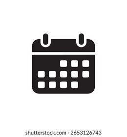 Ícone de calendário preto com grade em um fundo branco, design mínimo com linhas e colunas. Representa planejamento, programação e compromissos.