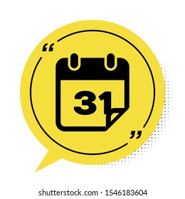Black Calendar icon isolated on white background. Yellow speech bubble symbol. Vector Illustration