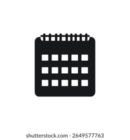 Black calendar icon with spiral binding displayed on a white background. The image can be used for various graphic design projects and illustrations and is easily scalable.
