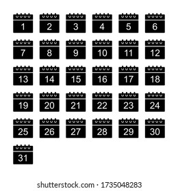 Black calendar icons set. Days 1 to 31. Glyph style date shapes for web design, user interface, events, appointments, meetings.