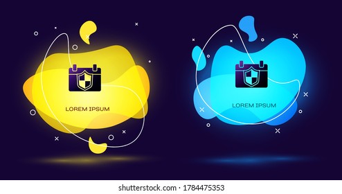 Black Calendar with shield icon isolated on black background. Insurance concept. Guard sign. Security, safety, protection, privacy concept. Abstract banner with liquid shapes. Vector.