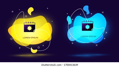 Black Calendar and sun icon isolated on black background. Event reminder symbol. Abstract banner with liquid shapes. Vector Illustration