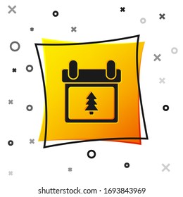 Black Calendar with tree icon isolated on white background. Event reminder symbol. Merry Christmas and Happy New Year. Yellow square button. Vector Illustration