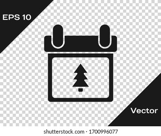 Black Calendar with tree icon isolated on transparent background. Event reminder symbol. Merry Christmas and Happy New Year. Vector Illustration