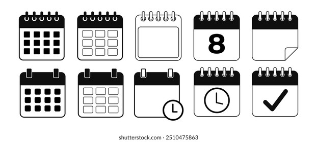 Black Calender Vector Icon set, Isolate Schedule symbol, Modern minimal Graphic elements for Business planner, office meeting and agenda, time illustration, App and Website Vector stock (Editable)