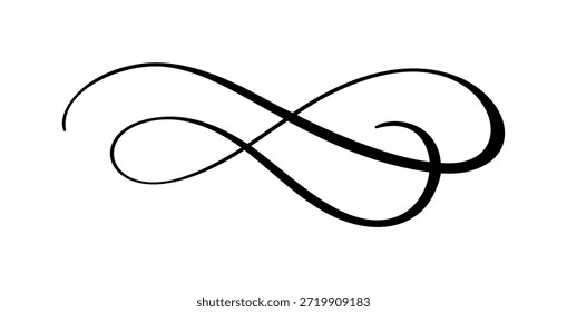 Schwarzes kalligraphisches Gestaltungselement, das ein wirbelndes Unendlichkeitssymbol bildet. Perfekt für elegante Dekorationen, Trennwände oder Verzierungen