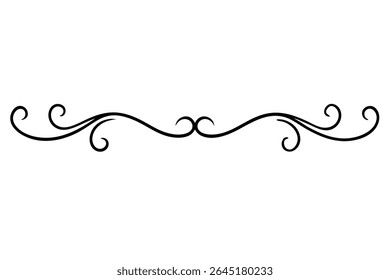 A black calligraphic swirl design element on a white background The style is elegant and vintage. The illustration features flowing curves and decorative flourishes.