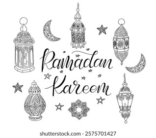 Black calligraphy Ramadan Kareem with intricate lanterns, crescent moons, stars, symbolizing Islamic culture, spirituality, and festive Ramadan greetings. Vector illustration ideal for holiday designs