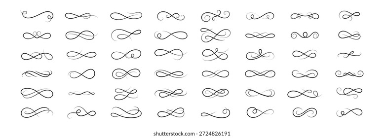 Elementos de Vector de línea ondulada de caligrafía negra. Adornos dibujados a mano para invitación de boda, menú o certificado. Conjunto de Vector de divisores románticos de remolino .eps10