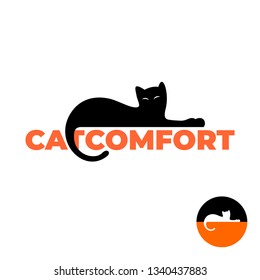 Black calm cat silhouette laying on a text logo. Cat on top of object with tail down.