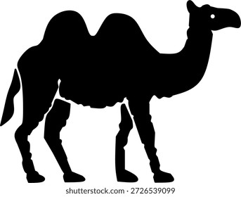 Black camel illustration in a clean flat silhouette style. Simple animal graphic suitable for logos, t-shirts, posters, branding, stickers, and print design.