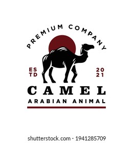 Black Camel with red sun or moon logo. Vector illustration on white background. Classic and vintage design character