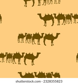 Black camel silhouette isolated on sand color background vector seamless pattern design. Wildlife camel oont with saddle on the back. Desert oont silhouette endless pattern.