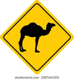 Black camel silhouette yellow traffic sign