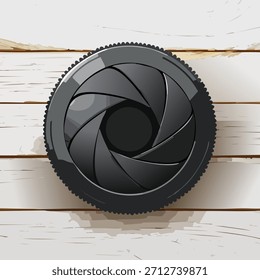 Black camera aperture against white wooden planks. High-angle, stylized illustration with a clean, flat aesthetic. Simple lighting.
