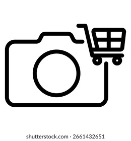 Black camera icon connected to a shopping cart icon on a white background creates a simple illustration suitable for e-commerce or photography-related marketing.