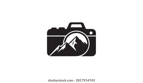 Black camera icon displaying a mountain emblem inside the lens representing photography and landscape imagery