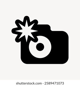 A black camera icon with a flash symbol. The camera icon is simple and bold. Flash symbol adds dynamic detail. Black camera icon on a light background. User interface icon vector.