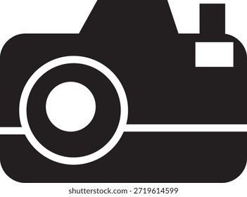 Ilustración de icono de cámara negra con estilo de diseño plano. Símbolo de Fotografía mínimo aislado sobre fondo blanco, ideal para App de fotos, medios de comunicación, tecnología, servicios de Fotografía y diseño creativo.