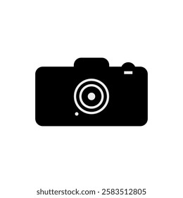 black camera icon vector, simple photography symbol, digital camera silhouette, minimalist photo camera illustration, professional photography equipment icon