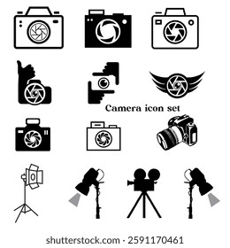 Black camera lens icon collection. Set of camera lens icons. Camera lens icon in a flat design