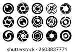 Black camera lens icon collection.Video and photo lens icons. Camera lens logo and diaphragm. Set photo camera lens diaphragm and shutter icons set.