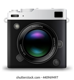 Black Camera with Lens realistic vector icon on white background
