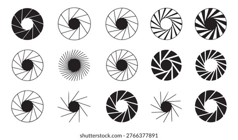 Black camera lens shutters with different blade counts and diaphragm openings representing various aperture sizes.