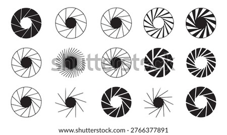 Black camera lens shutters with different blade counts and diaphragm openings representing various aperture sizes.
