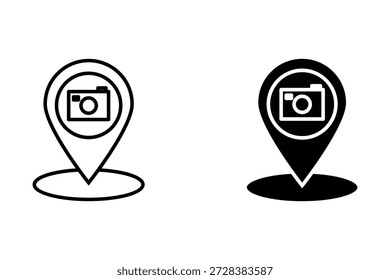 Black camera location pin icon perfect for photography maps, travel routes, and photo hotspots.