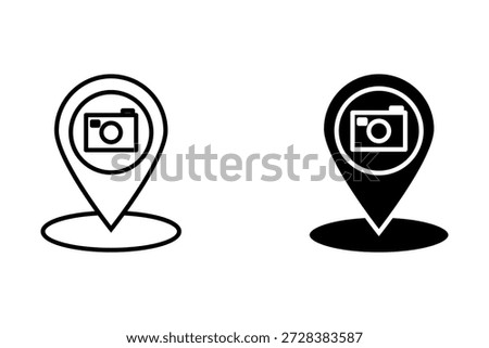 Black camera location pin icon perfect for photography maps, travel routes, and photo hotspots.