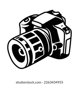 black camera logo facing left white line art