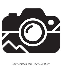 Black camera with mountain landscape silhouette inside the lens on a white background