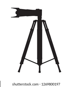 Black camera on a tripod on a white background. Vector image