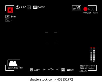 Black camera screen 16x9 Full HD or 4k video grid. Recording Rec led icon. Vector background