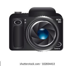 black camera with shutter and blue lens isolated. vector illustration