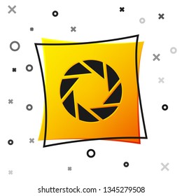 Black Camera shutter icon isolated on white background. Yellow square button. Vector Illustration