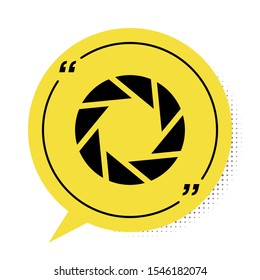 Black Camera shutter icon isolated on white background. Yellow speech bubble symbol. Vector Illustration