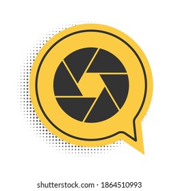 Black Camera shutter icon isolated on white background. Yellow speech bubble symbol. Vector.