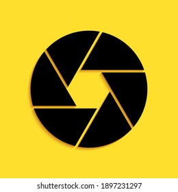Black Camera shutter icon isolated on yellow background. Long shadow style. Vector.