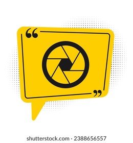 Black Camera shutter icon isolated on white background. Yellow speech bubble symbol. Vector