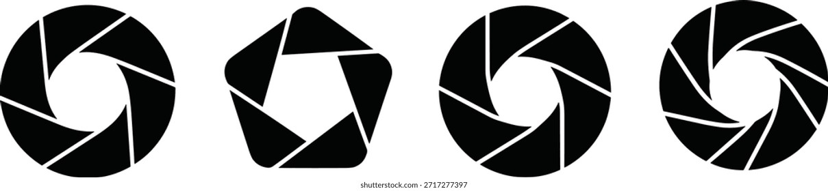 Ícones do obturador da câmera preta, conjunto de símbolos de abertura, gráficos vetoriais fotográficos, design da silhueta do diafragma da lente, emblema de captura de imagem editável para IU, aplicativos, infográficos, ferramentas criativas e branding de mídia visual