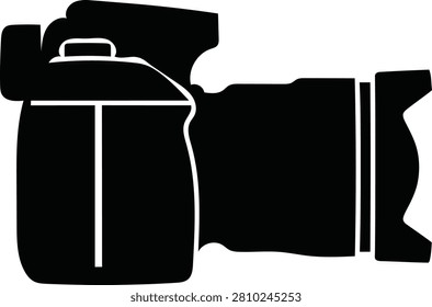Black camera silhouette on a white background, a vector graphic depicting photographic equipment with a lens and viewfinder.