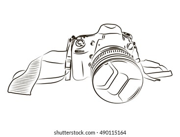 Black camera sketch on a white background. Vector illustration.