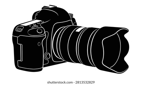 A black camera with a telephoto lens isolated on a white background.
